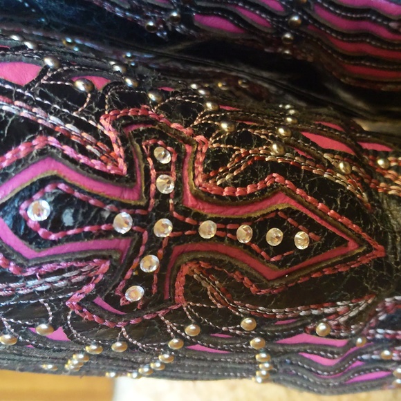 CORRAL A1049 pink/black Wing & cross snip toe blingy cowgirl western boots sz 6 - Picture 13 of 16